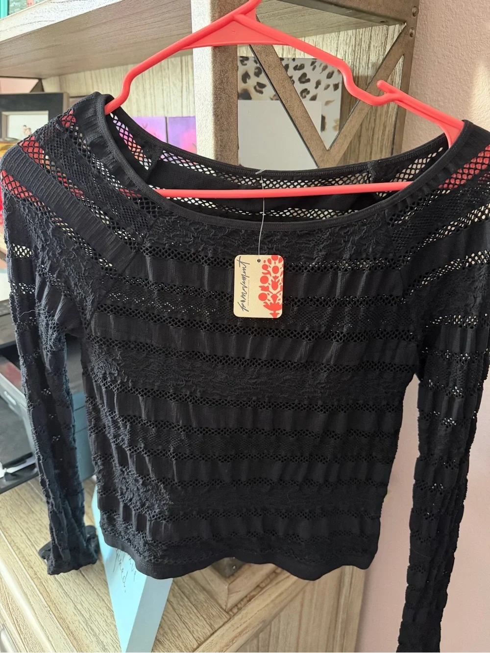 Free People Movement Black Lace Open Knit Long Sleeve Top M/L NWT